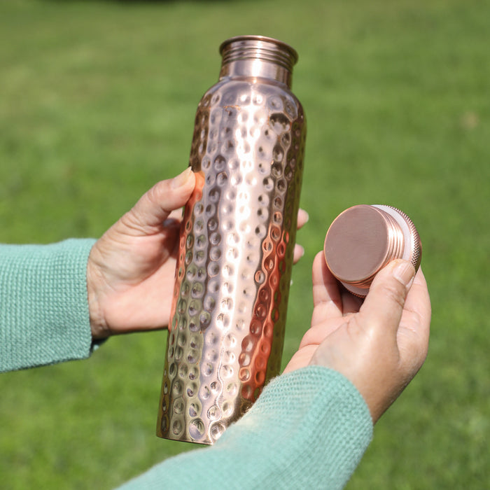 Copper Water Bottle - 34 Oz  - A Hammered Ayurvedic Pure Copper Vessel For Drinking