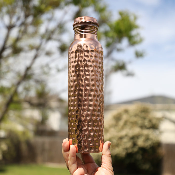 Copper Water Bottle - 34 Oz  - A Hammered Ayurvedic Pure Copper Vessel For Drinking