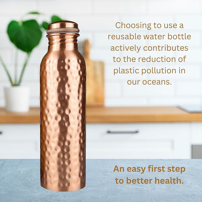 Copper Water Bottle - 34 Oz  - A Hammered Ayurvedic Pure Copper Vessel For Drinking